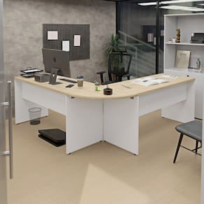 Mesa Escrivaninha em L Canto Arredondado 140x60cm Carvalho/Branco