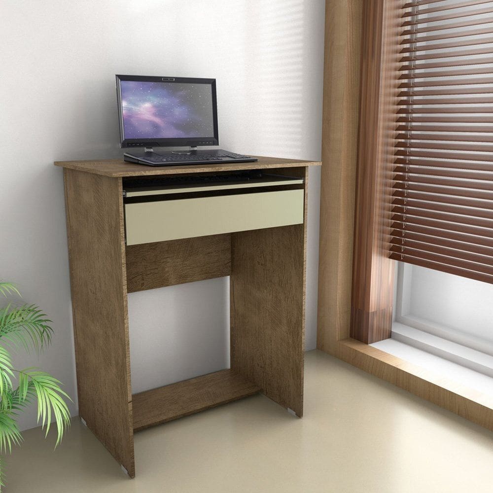 Escrivaninha Pequena com Gaveta e Suporte de Teclado Bella 63cm X 79cm Canela/Off White