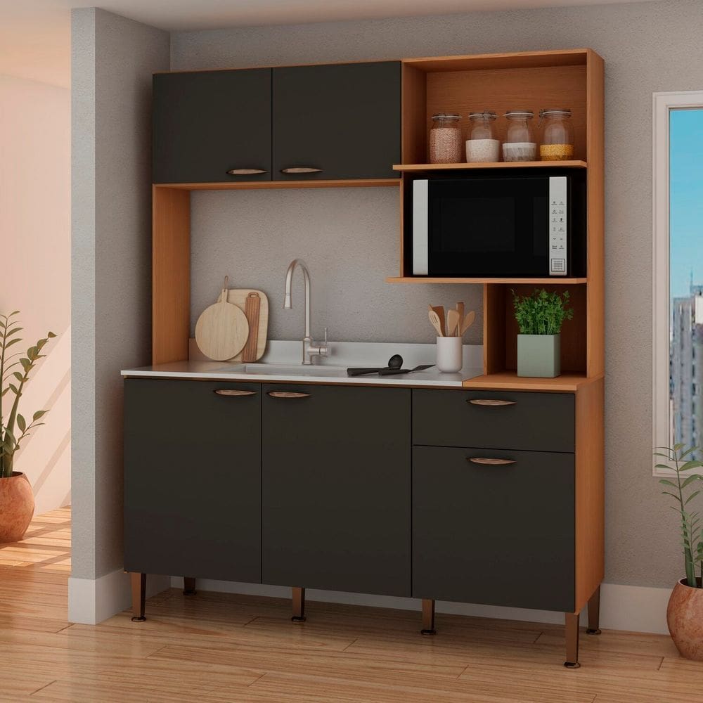 Cozinha Compacta 155 Cm sem Tampo 1 Gaveta 5 Portas Freijo/Grafite Belga