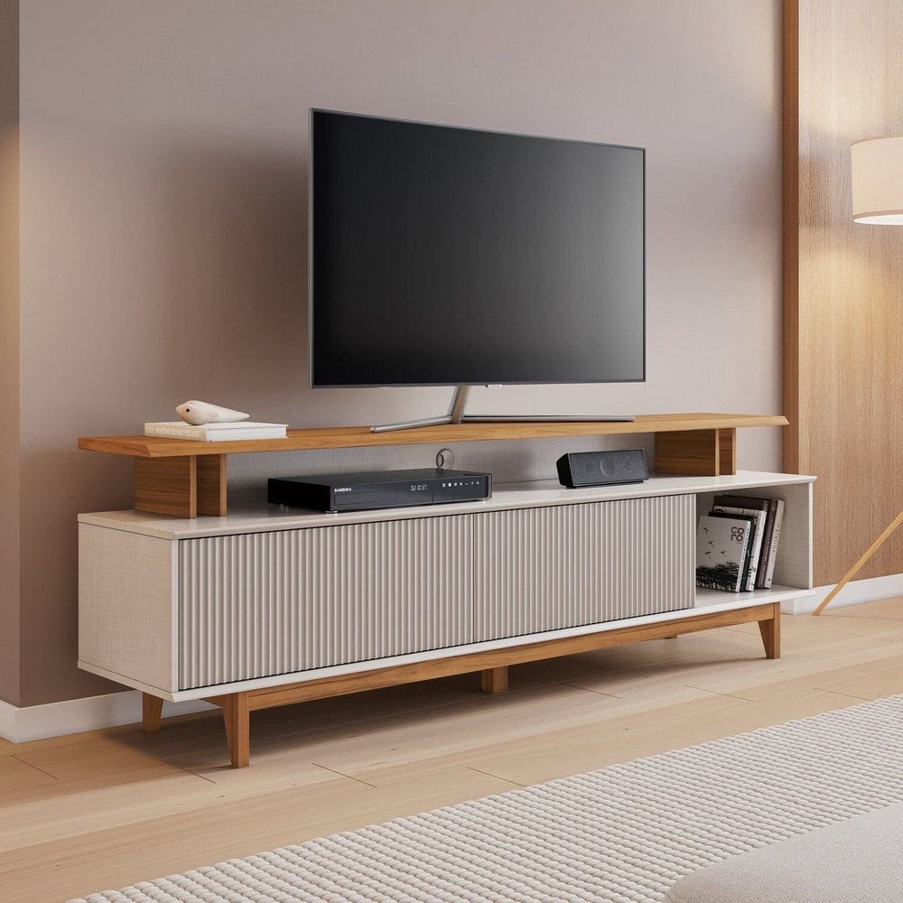 Rack para Tv até 75 Polegadas com Pés de Madeira e Porta Basculante Off White/Freijó Trend