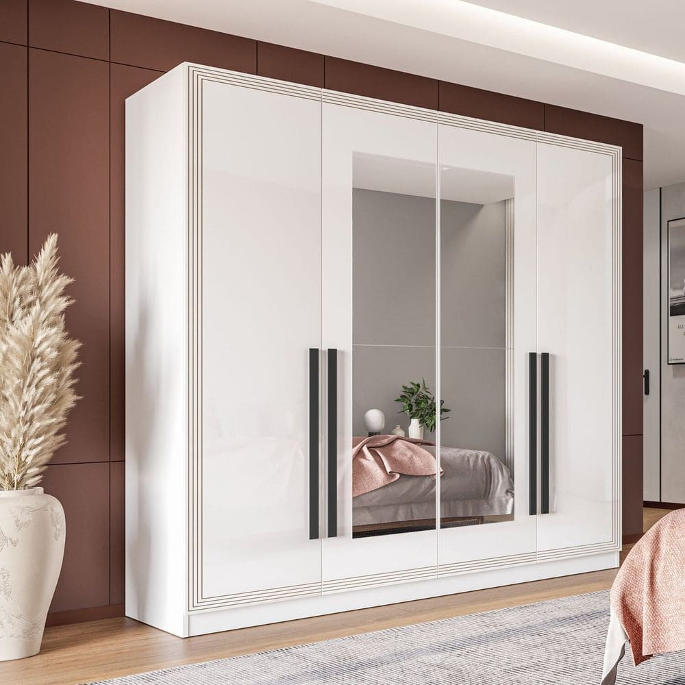 Guarda Roupa 4 Portas 4 Gavetas com Espelho Valência Branco