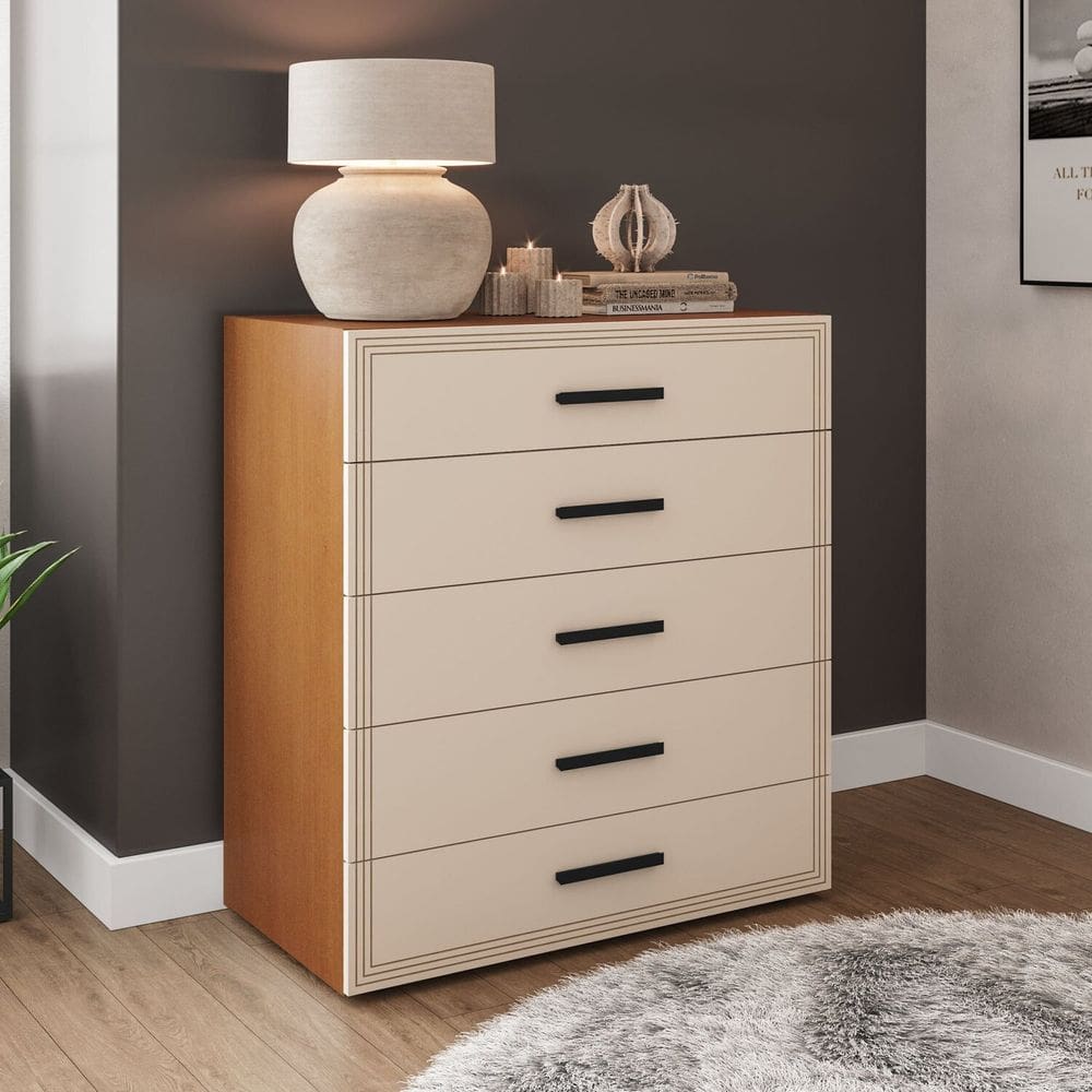 Cômoda 5 Gavetas 104,2cm 46cm 90cm Valência Creme/Freijó