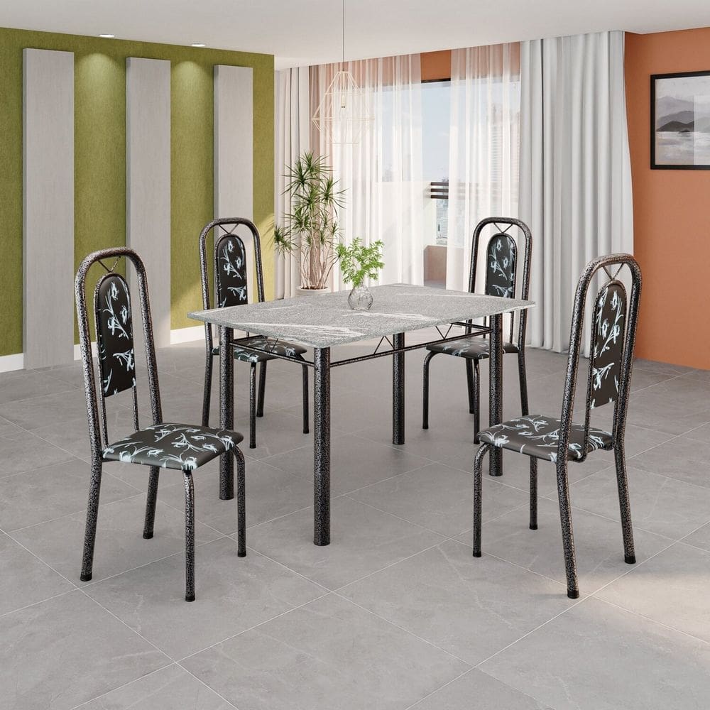 Conjunto de Mesa Tubular 120cm X 75cm Tampo Granito Topázio com 4 Cadeiras Lara Preto / Prata