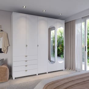 Guarda-roupa Casal com Espelho 5 Portas 4 Gavetas 100% Mdf Look 226,7 Cm Branco Fosco