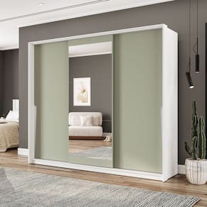 Guarda Roupa 3 Portas de Correr 4 Gavetas com Espelho Porto Branco/Verde