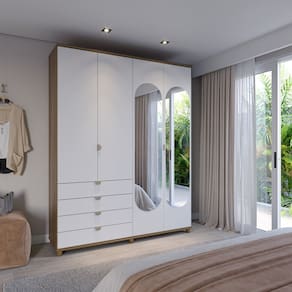 Guarda-roupa Casal com Espelho 4 Portas 4 Gavetas 100% Mdf Look 181,7 Cm Feijó/Branco Fosco