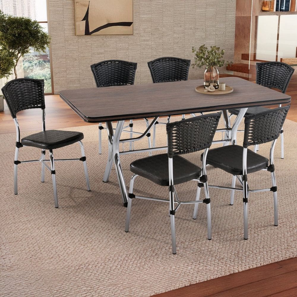 Conjunto Sala de Jantar Suíça 160cm X 900cm Cromado/Amadeirado Escuro/Preto