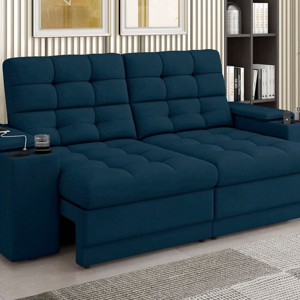 Sofá Kansas Vel Copo/usb 205 Cm Retrátil e Reclinável 3 Lugares Azul
