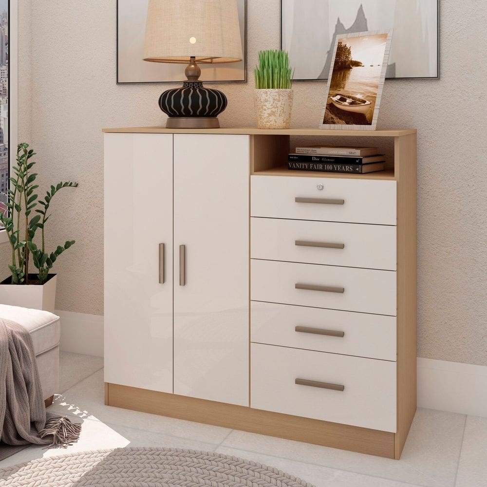 Cômoda 2 Portas 5 Gavetas com Chave Guatemala Freijo/White laca