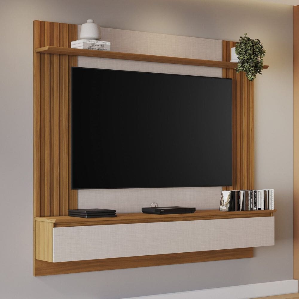 Painel Ripado para Tv até 65 Polegadas Off White/Freijó Trend