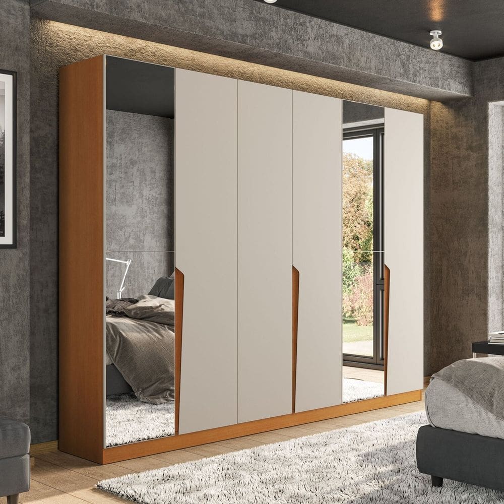 Guarda Roupa 6 Portas 4 Gavetas com Espelho Porto Freijo/Creme