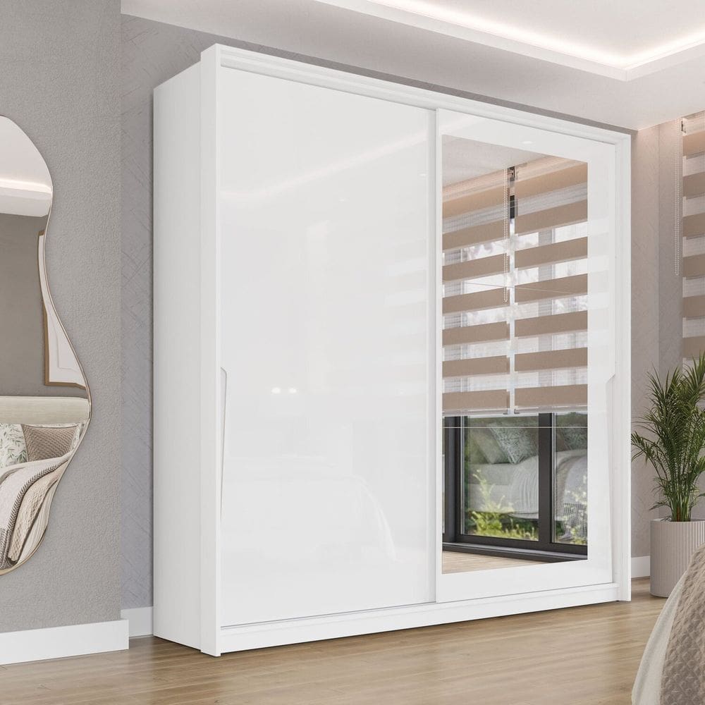 Guarda-roupa 2 Portas de Correr 2 Gavetas com Espelho Porto Branco