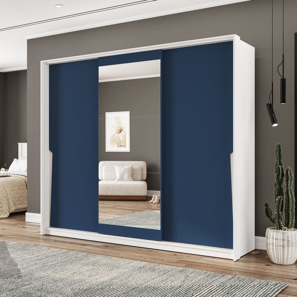 Guarda Roupa 3 Portas de Correr 4 Gavetas com Espelho Porto Branco/Azul