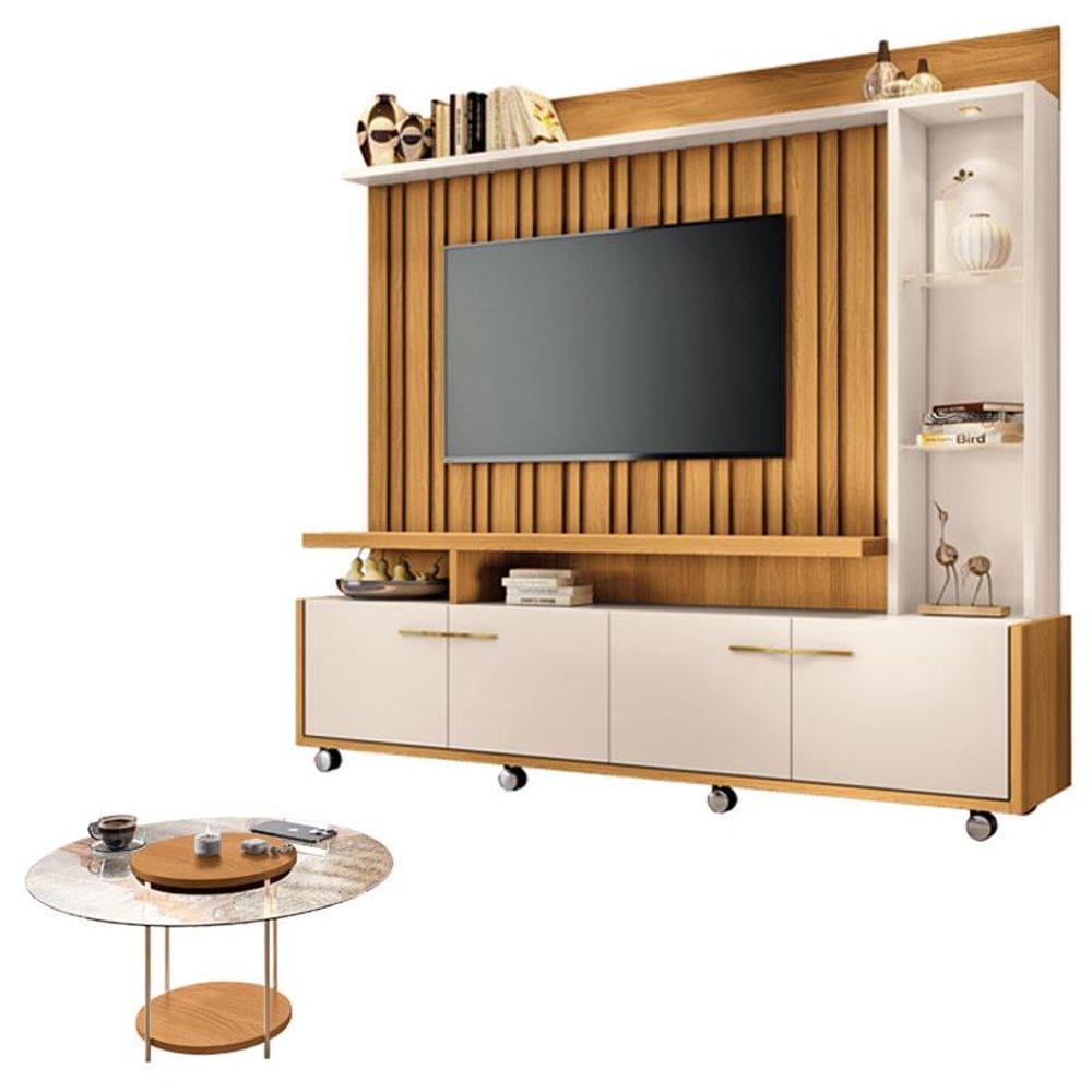 Estante Home Theater Titan Off White Cinamomo e Mesa de Centro sky com Tampo de Vidro Cinamomo - HB Móveis