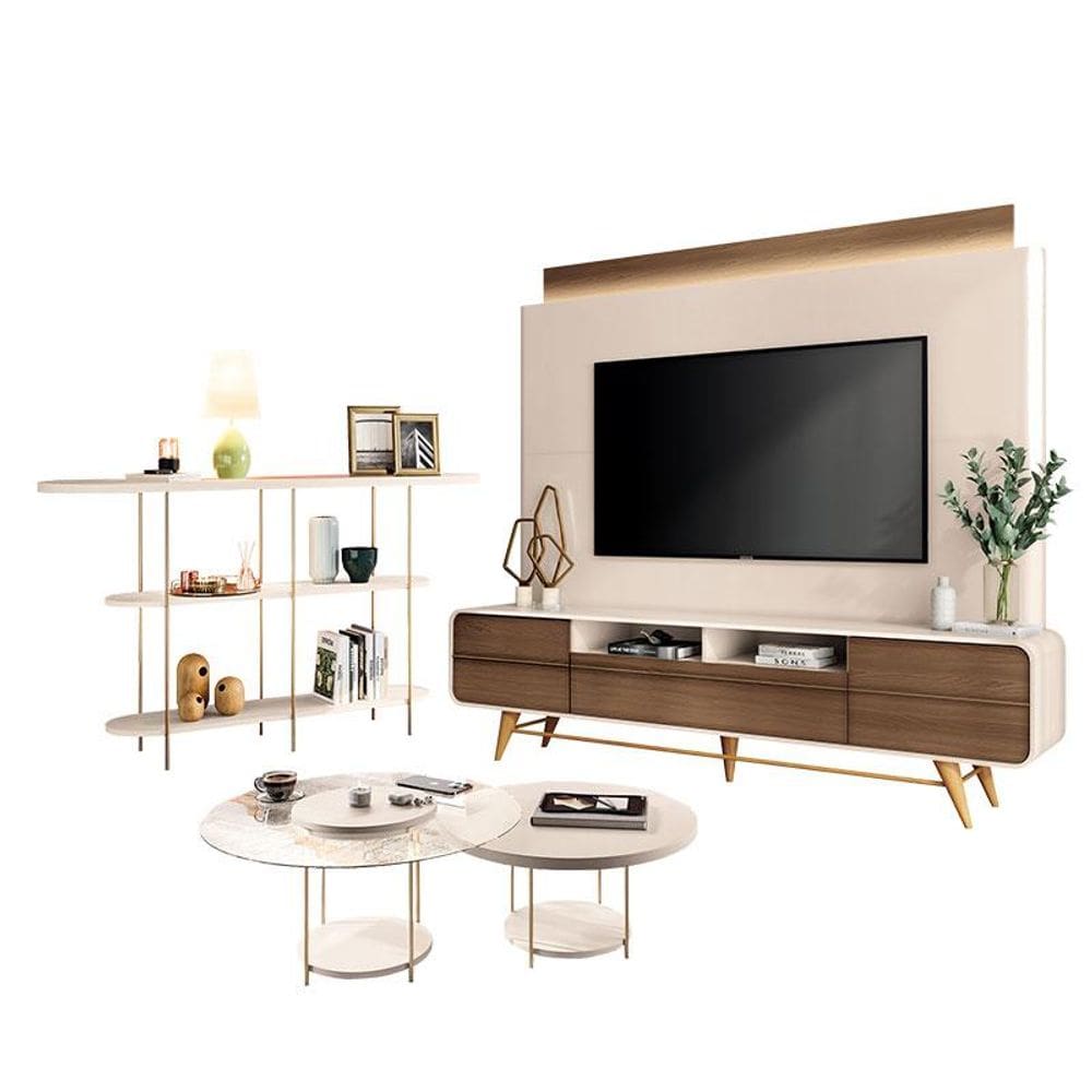 Estante Home Theater Artís Off White Castanho e Aparador Infinity e Kit Mesa de centro Sky Off White – HB Móveis