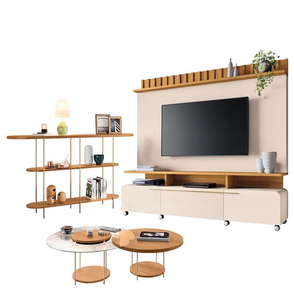 Estante Home Theater Artís Off White Cinamomo e Aparador Infinity e Kit Mesa de Centro Sky Cinamomo – HB Móveis
