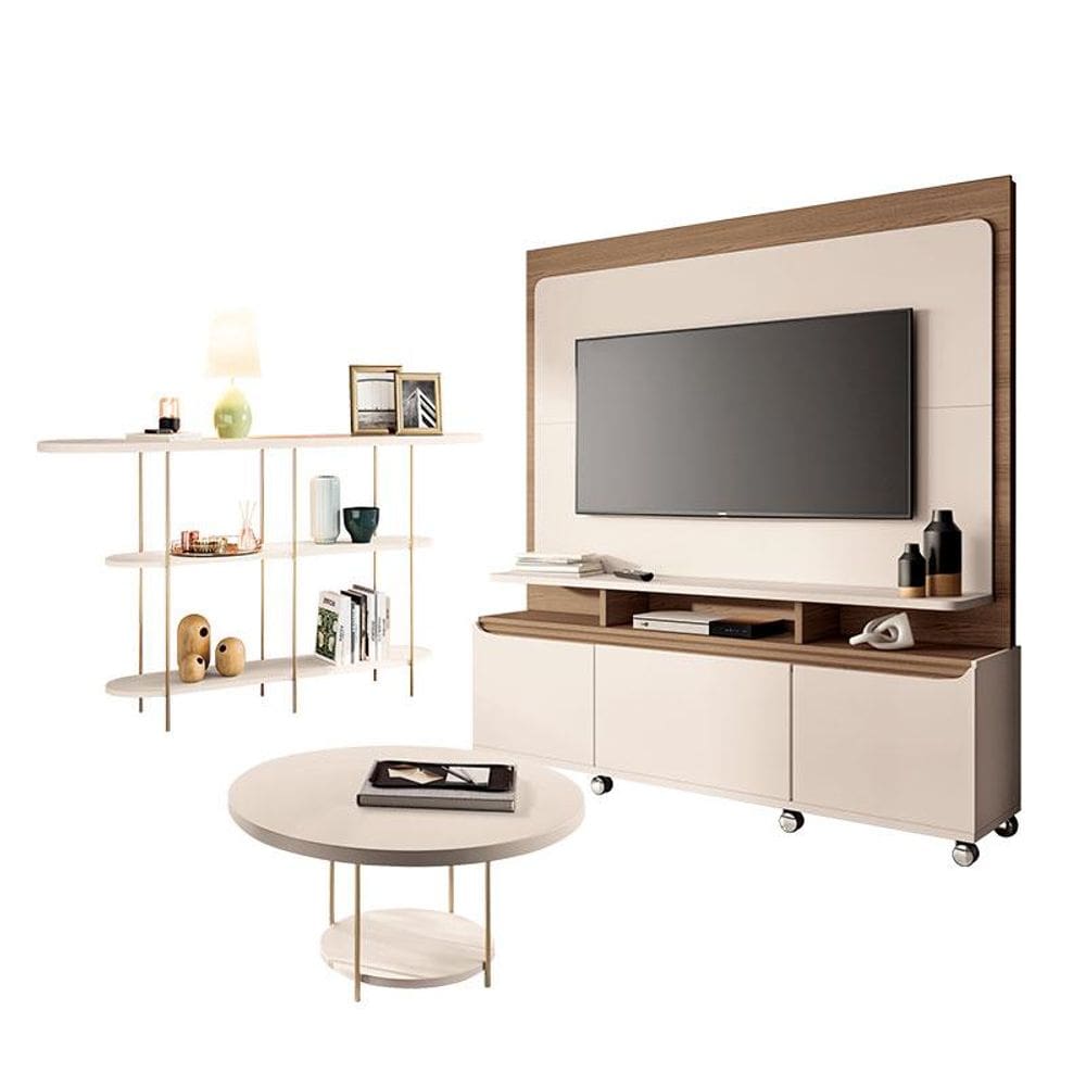 Estante Home Theater Quantum Off White Castanho e Aparador Infinity e Mesa de Centro Sky Off White – HB Móveis