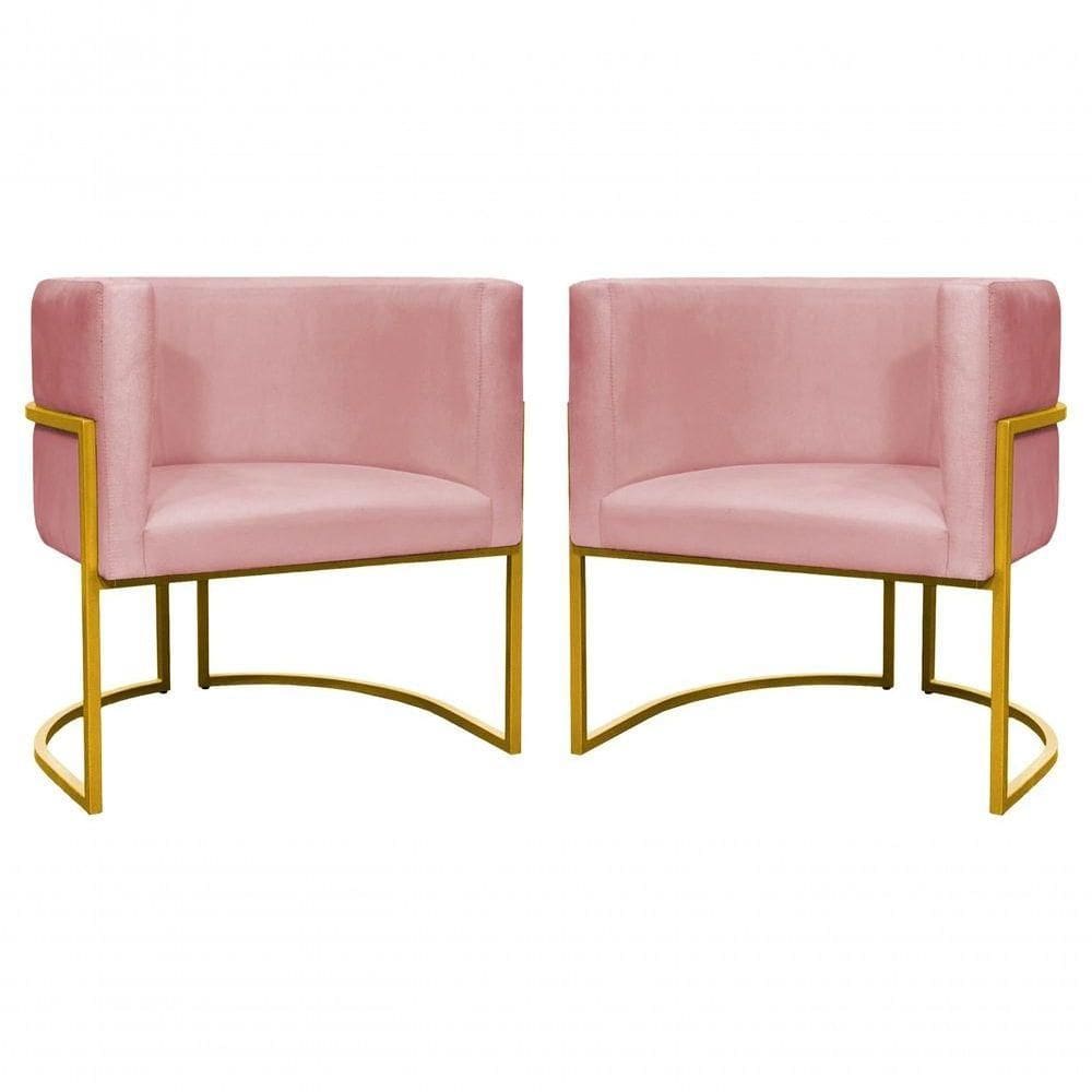 Kit 2 Poltronas Decorativa Luxo Base De Metal Dourada Escritório Recepção Sala Suede Rosa Eli Móveis E Decoração