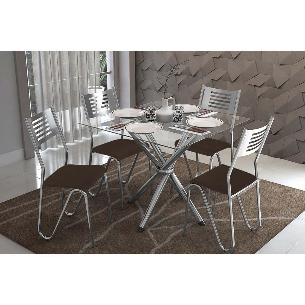 Sala De Jantar Completa Volga Com Tampo De Vidro 90cm E 4 Cadeiras Nápoles Cromada - Marrom - Kappesberg