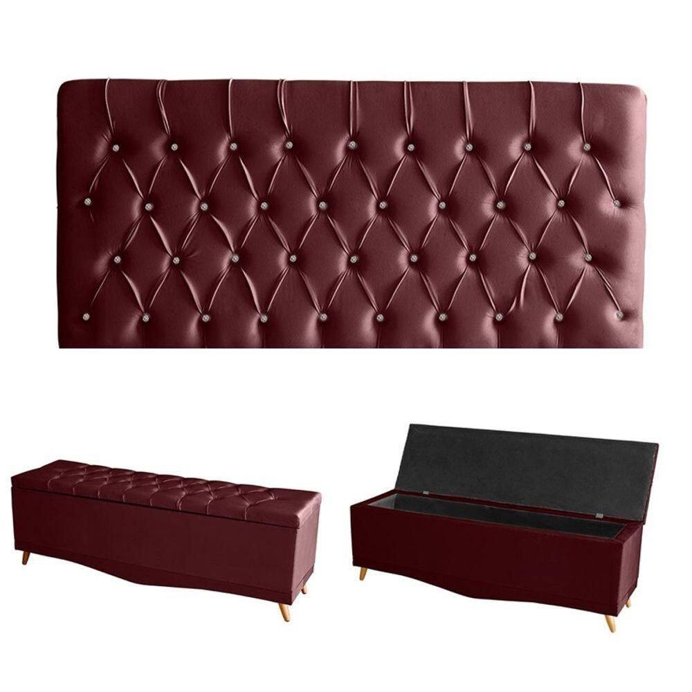 Kit Estrela Cabeceira De Cama Painel E Calçadeira Baú Botão Cristal King 195 Cm Suede Bordo Eli Móveis E Decoração