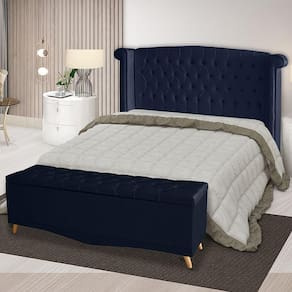Kit Cabeceira De Cama Box E Calçadeira Baú Malibu Casal 140 Cm Suede Azul Marinho Eli Móveis