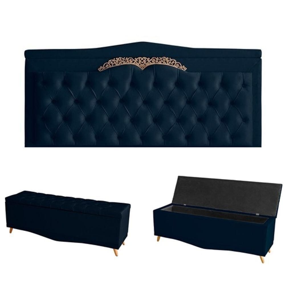 Kit Helena Cabeceira De Cama Painel E Calçadeira Baú Queen 160 Cm Suede Azul Marinho Eli Móveis E Decoração