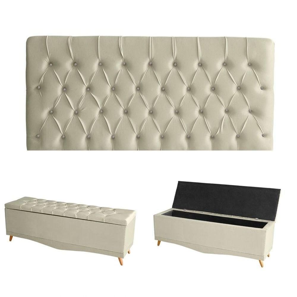 Kit Estrela Cabeceira De Cama Painel E Calçadeira Baú Botão Cristal Queen 160 Cm Suede Porcelana Eli Móveis E Decoração