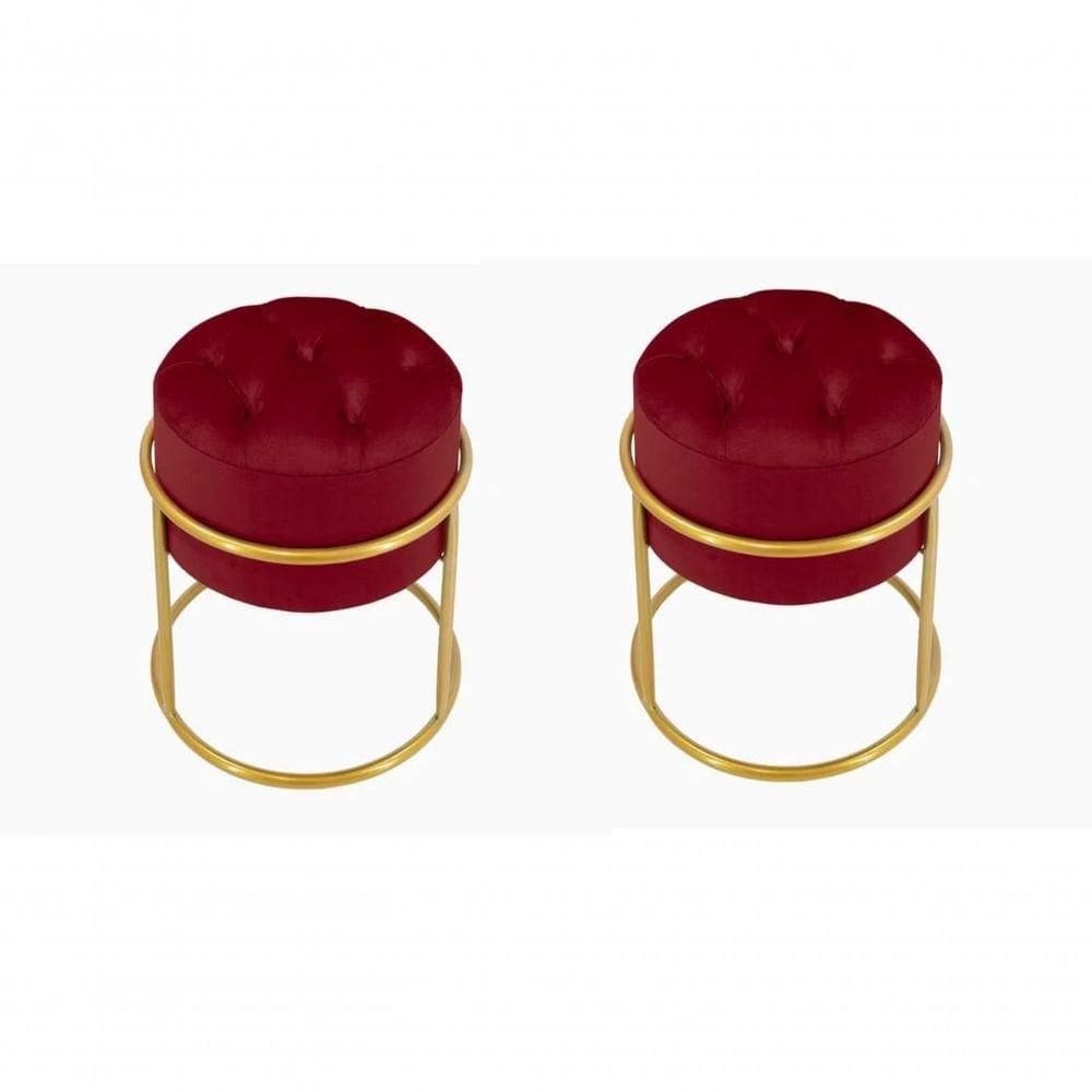 Kit 2 Puff Banqueta Estofado Decorativo Base De Ferro Capitonê Suede Bordo Eli Móveis E Decoração