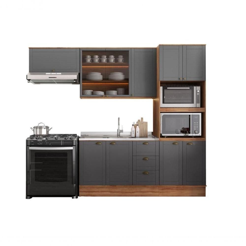 Cozinha Completa Milla Plus Armário E Balcão Nogueira Cinza Carraro