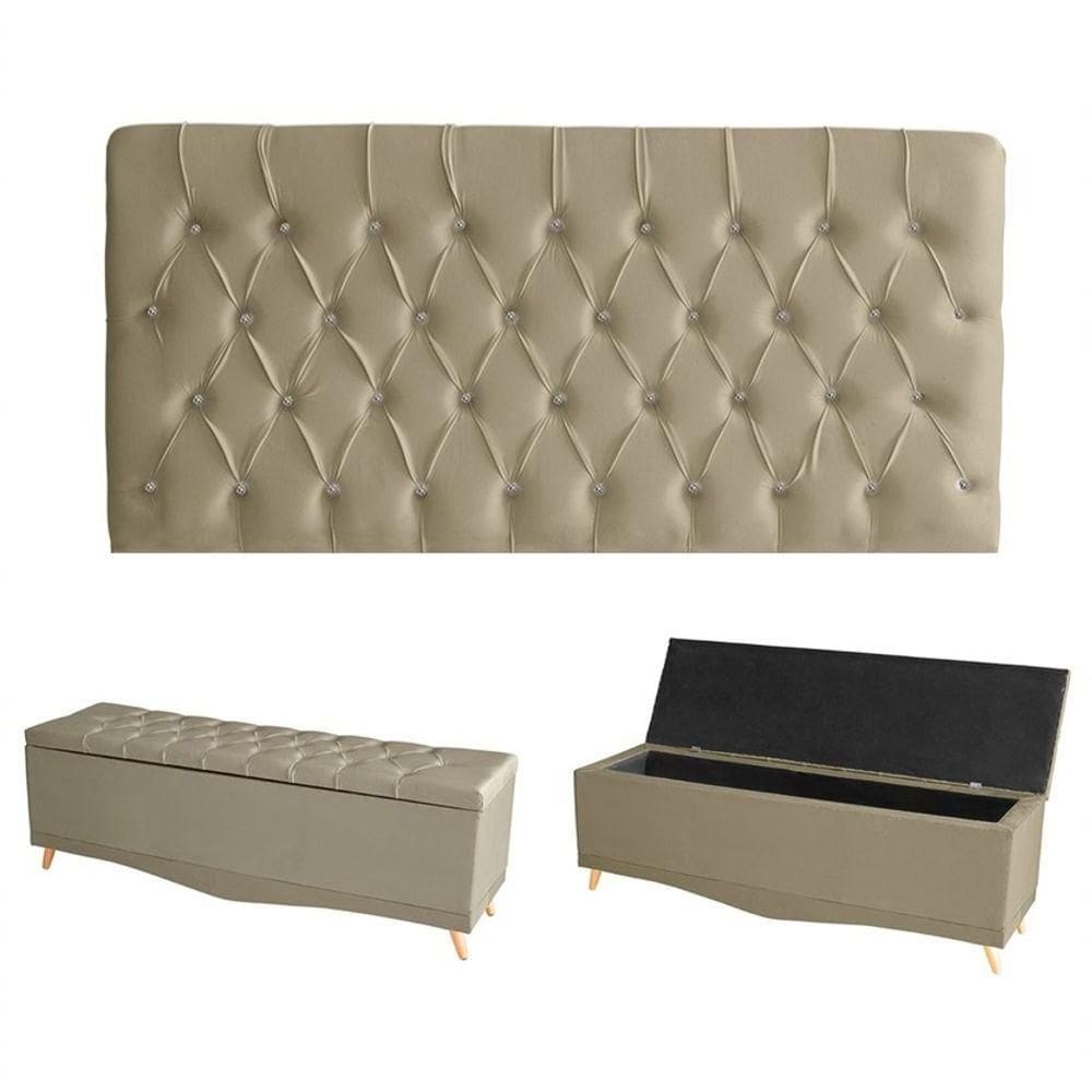 Kit Estrela Cabeceira De Cama Painel E Calçadeira Baú Botão Cristal King 195 Cm Suede Bege Eli Móveis E Decoração
