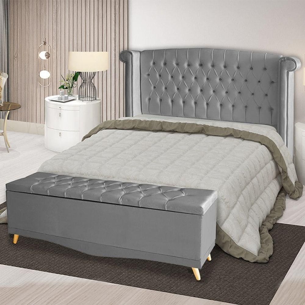 Kit Cabeceira De Cama Box E Calçadeira Baú Malibu King 195 Cm Suede Prata Eli Móveis