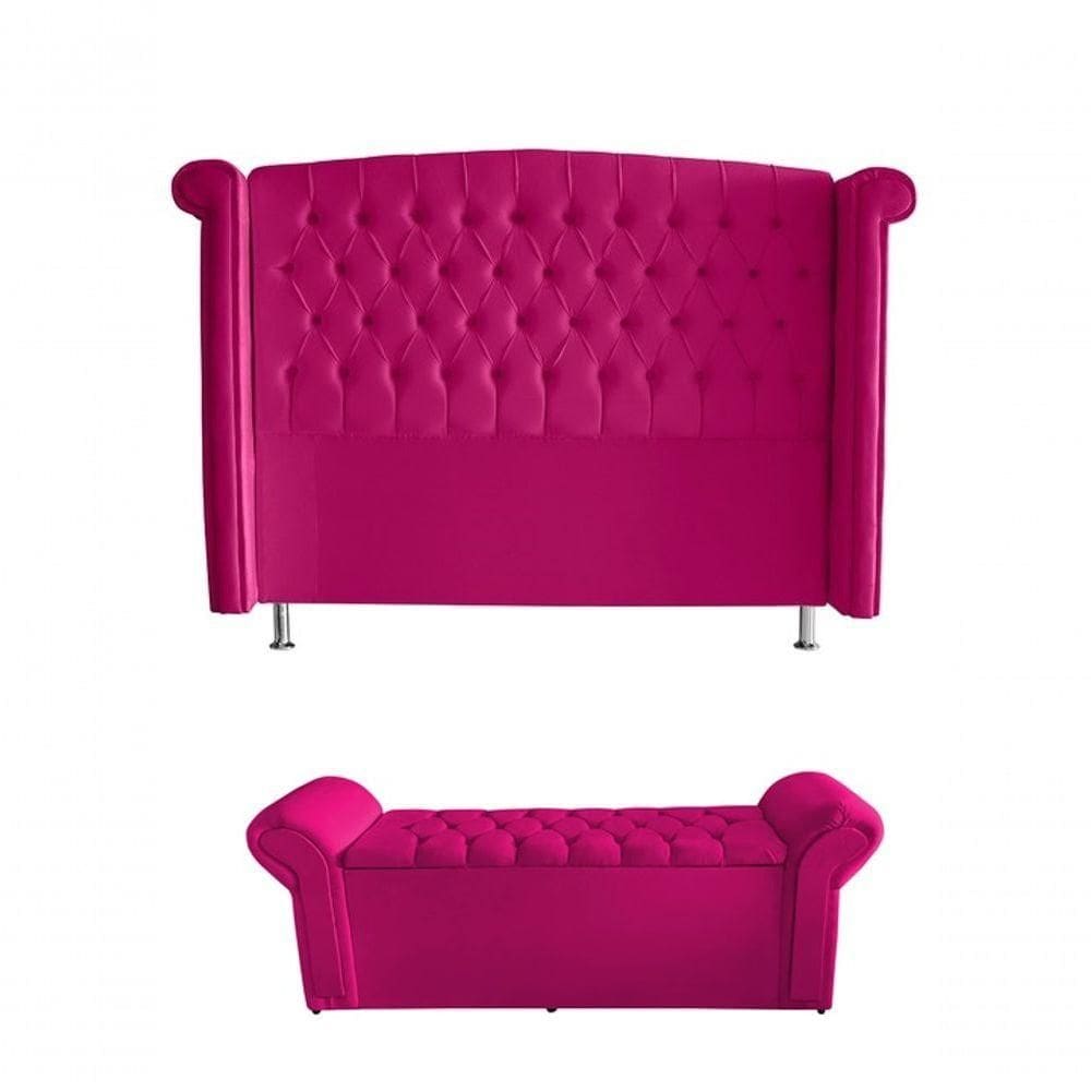 Kit Realeza Cabeceira De Cama Box E Calçadeira Baú Casal 140 Cm Suede Rosa Pink Eli Móveis