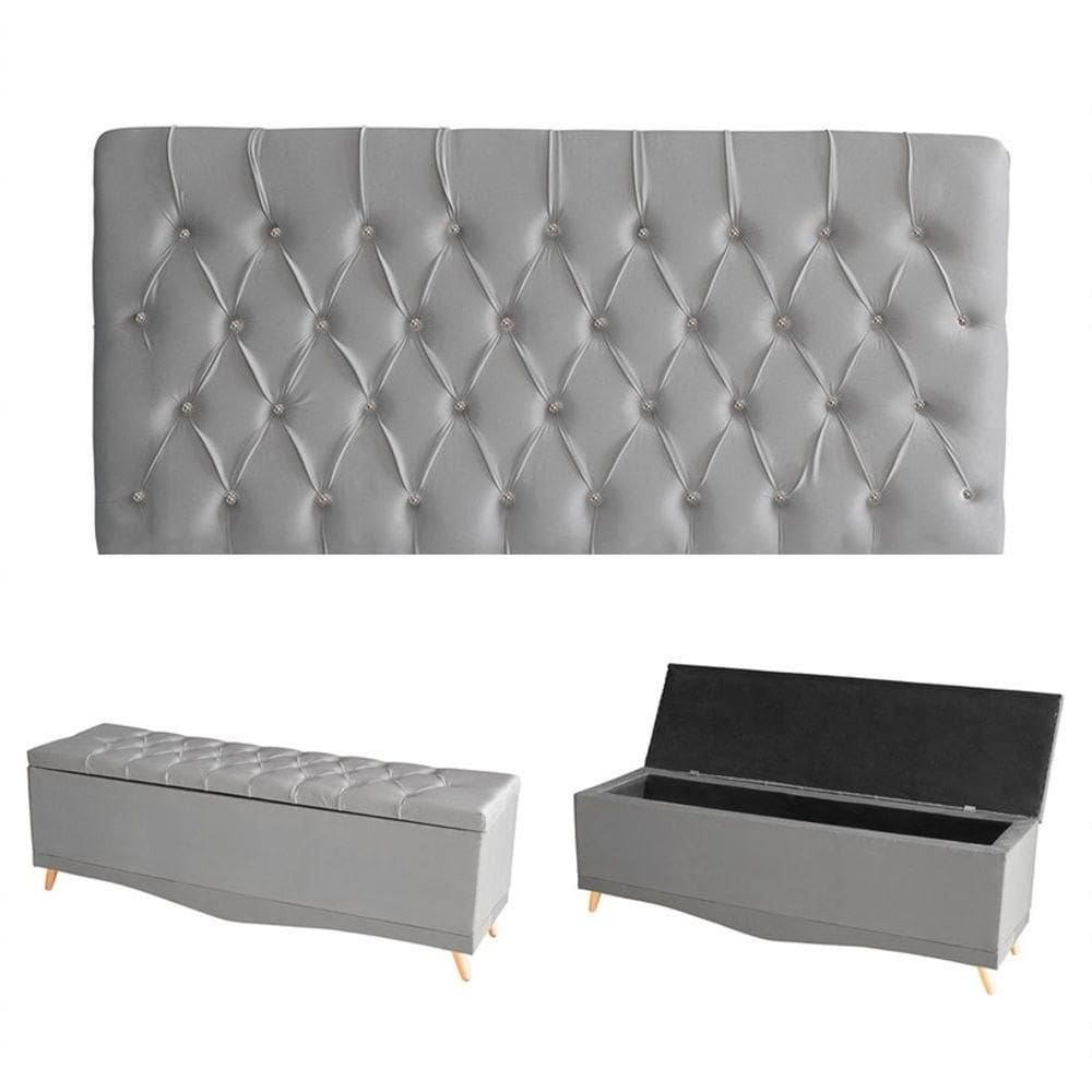 Kit Estrela Cabeceira De Cama Painel E Calçadeira Baú Botão Cristal Queen 160 Cm Suede Prata Eli Móveis E Decoração