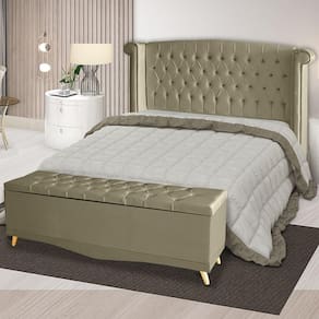 Kit Cabeceira De Cama Box E Calçadeira Baú Malibu Casal 140 Cm Suede Bege Eli Móveis