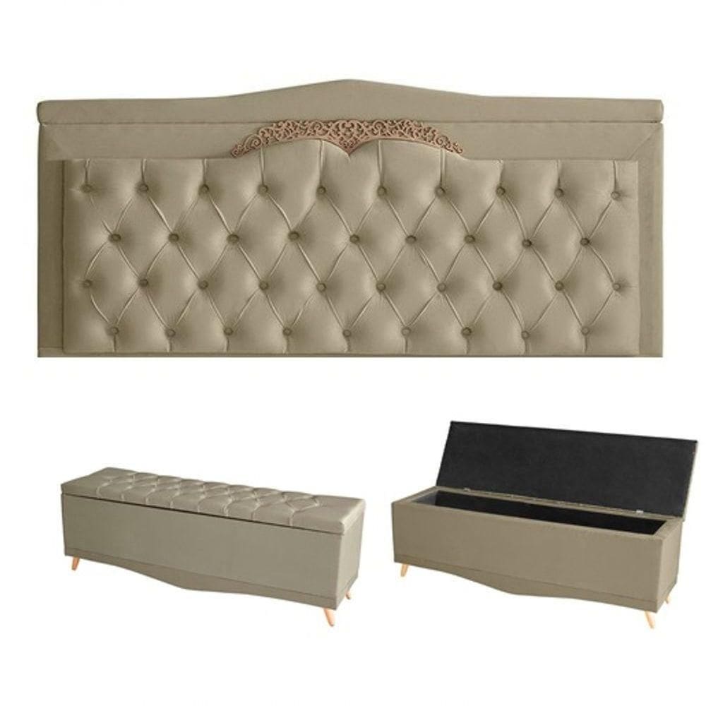 Kit Helena Cabeceira De Cama Painel E Calçadeira Baú Queen 160 Cm Suede Bege Eli Móveis E Decoração