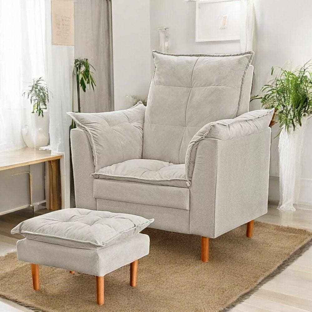 Poltrona Conforto Suede E Mini Puff Opala Cor:bege