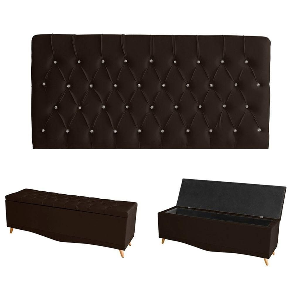 Kit Estrela Cabeceira De Cama Painel E Calçadeira Baú Botão Cristal King 195 Cm Suede Marrom Eli Móveis E Decoração