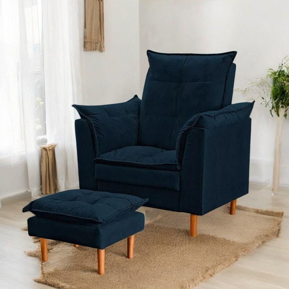 Poltrona Conforto Suede E Mini Puff Opala Cor:azul