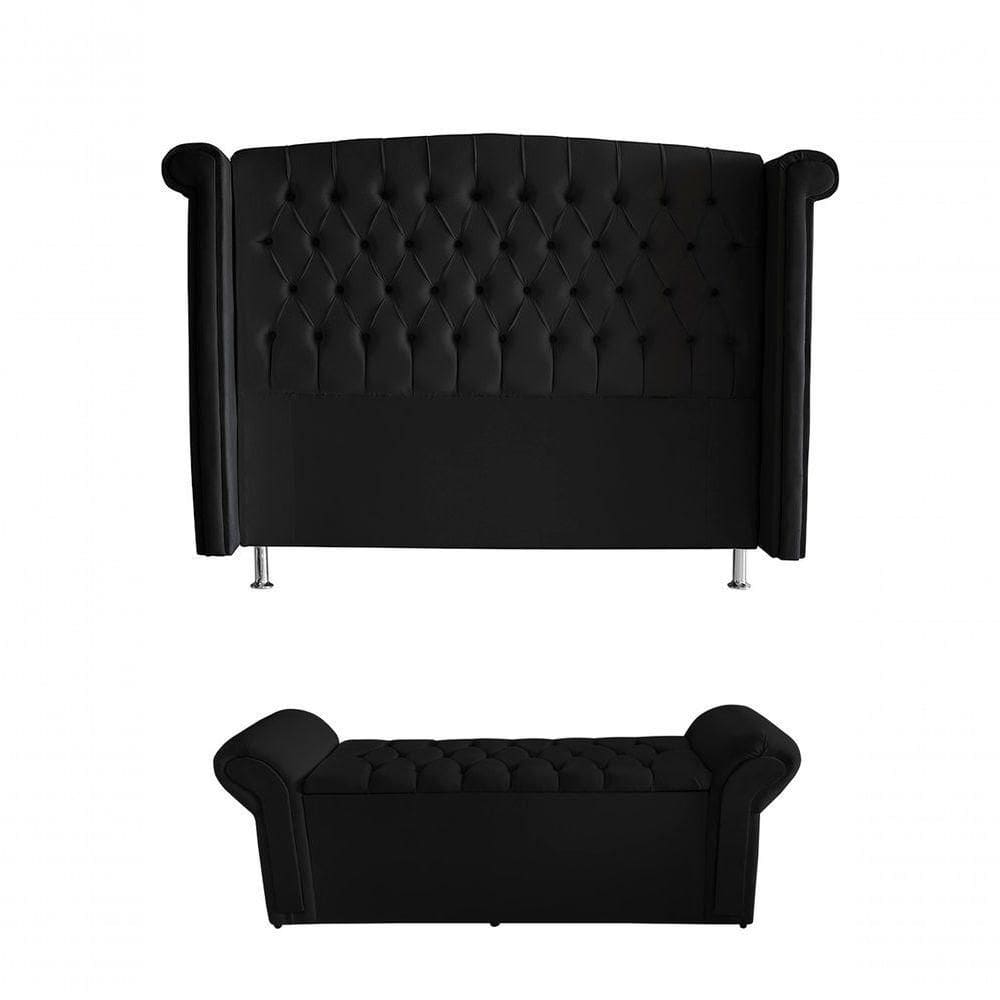 Kit Realeza Cabeceira De Cama Box E Calçadeira Baú King 195 Cm Suede Preto Eli Móveis