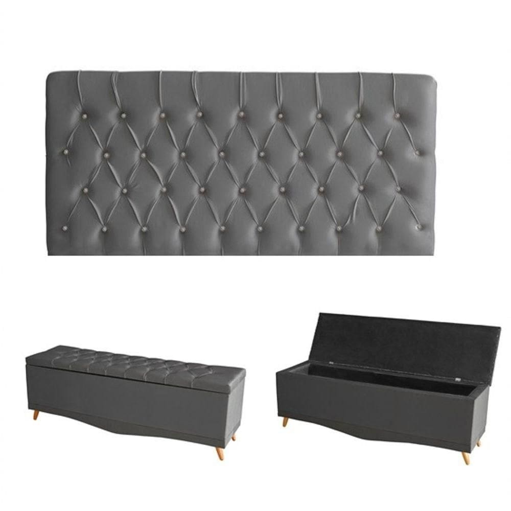 Kit Estrela Cabeceira De Cama Painel E Calçadeira Baú Botão Cristal King 195 Cm Suede Grafite Eli Móveis E Decoração