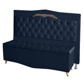 Kit Cabeceira De Cama Box E Calçadeira Baú Madri Queen 160 Cm Suede Azul Marinho Eli Móveis E Decoração