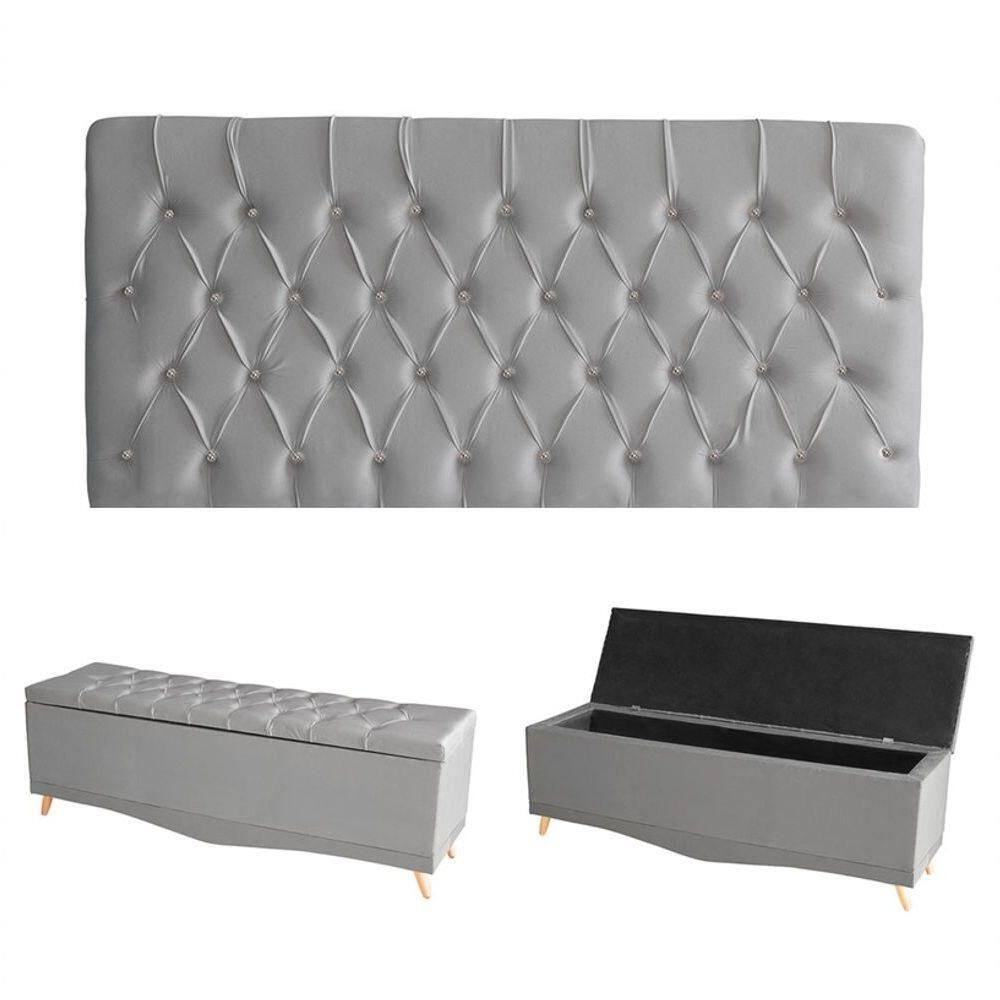 Kit Estrela Cabeceira De Cama Painel E Calçadeira Baú Botão Cristal King 195 Cm Suede Prata Eli Móveis E Decoração