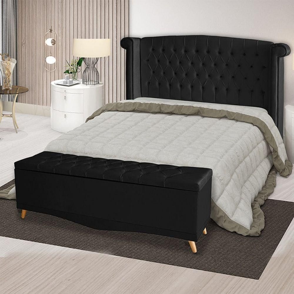 Kit Cabeceira De Cama Box E Calçadeira Baú Malibu Casal 140 Cm Suede Preto Eli Móveis