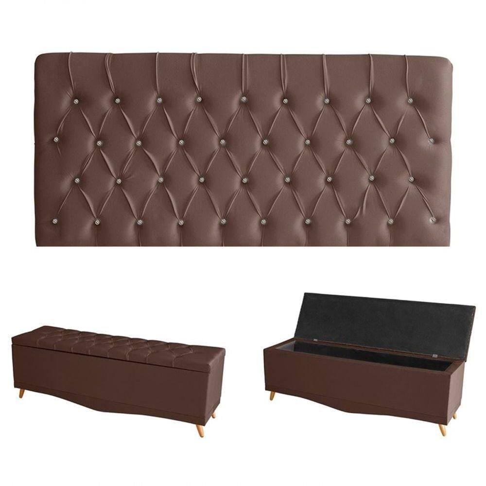 Kit Estrela Cabeceira De Cama Painel E Calçadeira Baú Botão Cristal King 195 Cm Suede Rosê Eli Móveis E Decoração