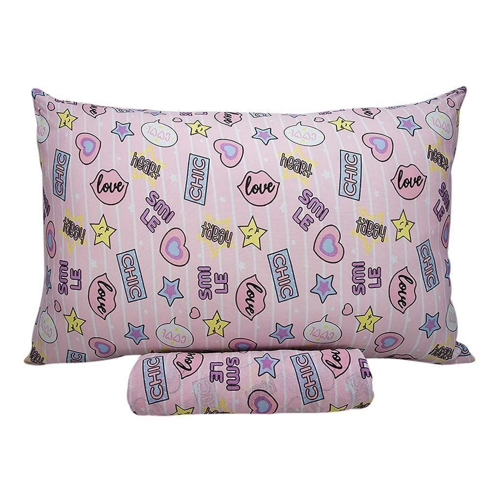 Jogo De Cama Solteiro Portallar Malha Misto Estampado Chic Love 2 Pçs Com Elástico Rosa
