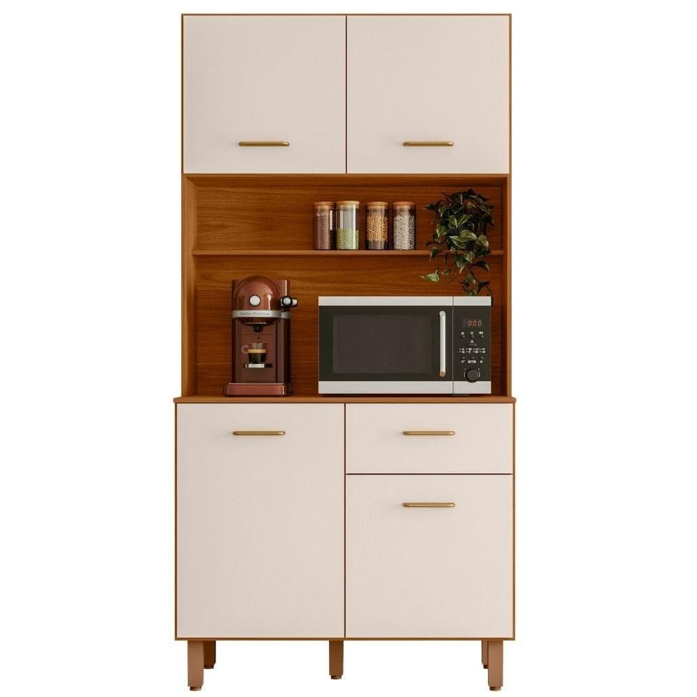 Kit Armário Cozinha New Izis 4 Portas Freijó Off White Poliman