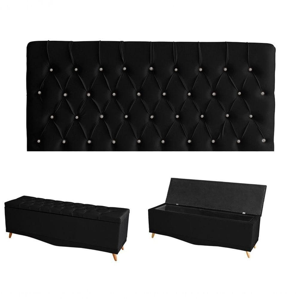 Kit Estrela Cabeceira De Cama Painel E Calçadeira Baú Botão Cristal Queen 160 Cm Suede Preto Eli Móveis E Decoração