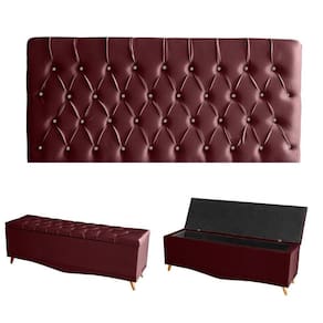 Kit Estrela Cabeceira De Cama Painel E Calçadeira Baú Botão Cristal Queen 160 Cm Suede Bordo Eli Móveis E Decoração
