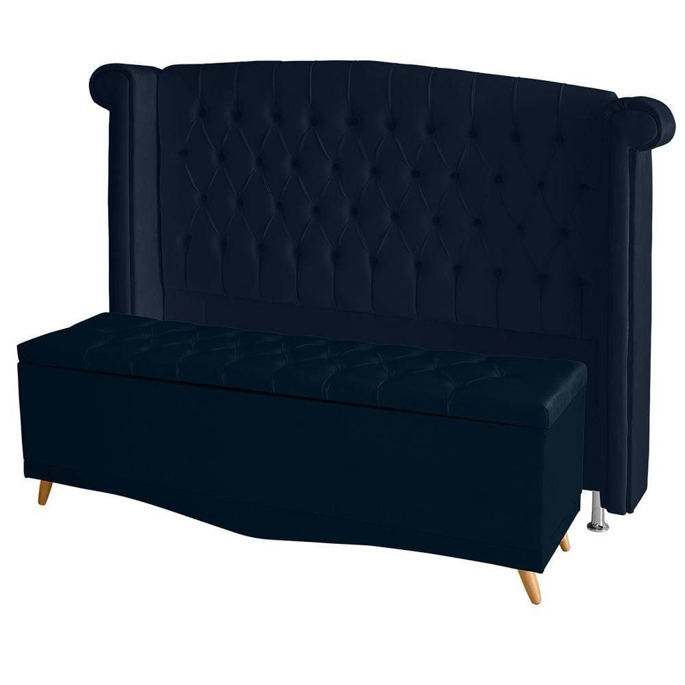 Kit De Quarto Cabeceira De Cama Box E Calçadeira Baú Toquio Casal Queen 160 Cm Suede Azul Marinho Eli Móveis E Decoração