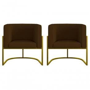Kit 2 Poltronas Decorativa Luxo Base De Metal Dourada Escritório Recepção Sala Suede Marrom Eli Móveis E Decoração